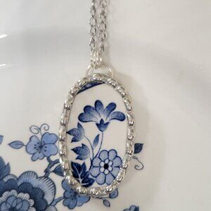 Blue & White Flowers Broken China Soldered Pendant Necklace